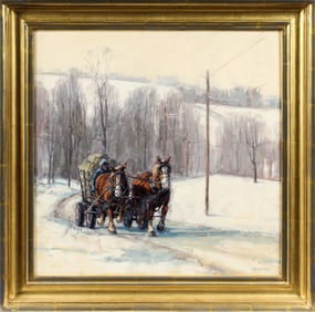 Elise Phillips (American, Contemporary) Winter Scene with Horse Drawn Hay Cart, Painting