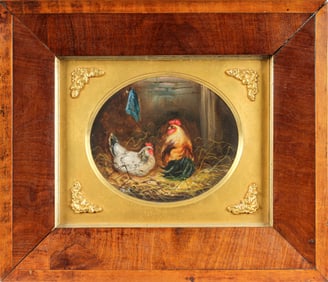 American School, Chickens in a Barn or Coop, Oil on Board Painting