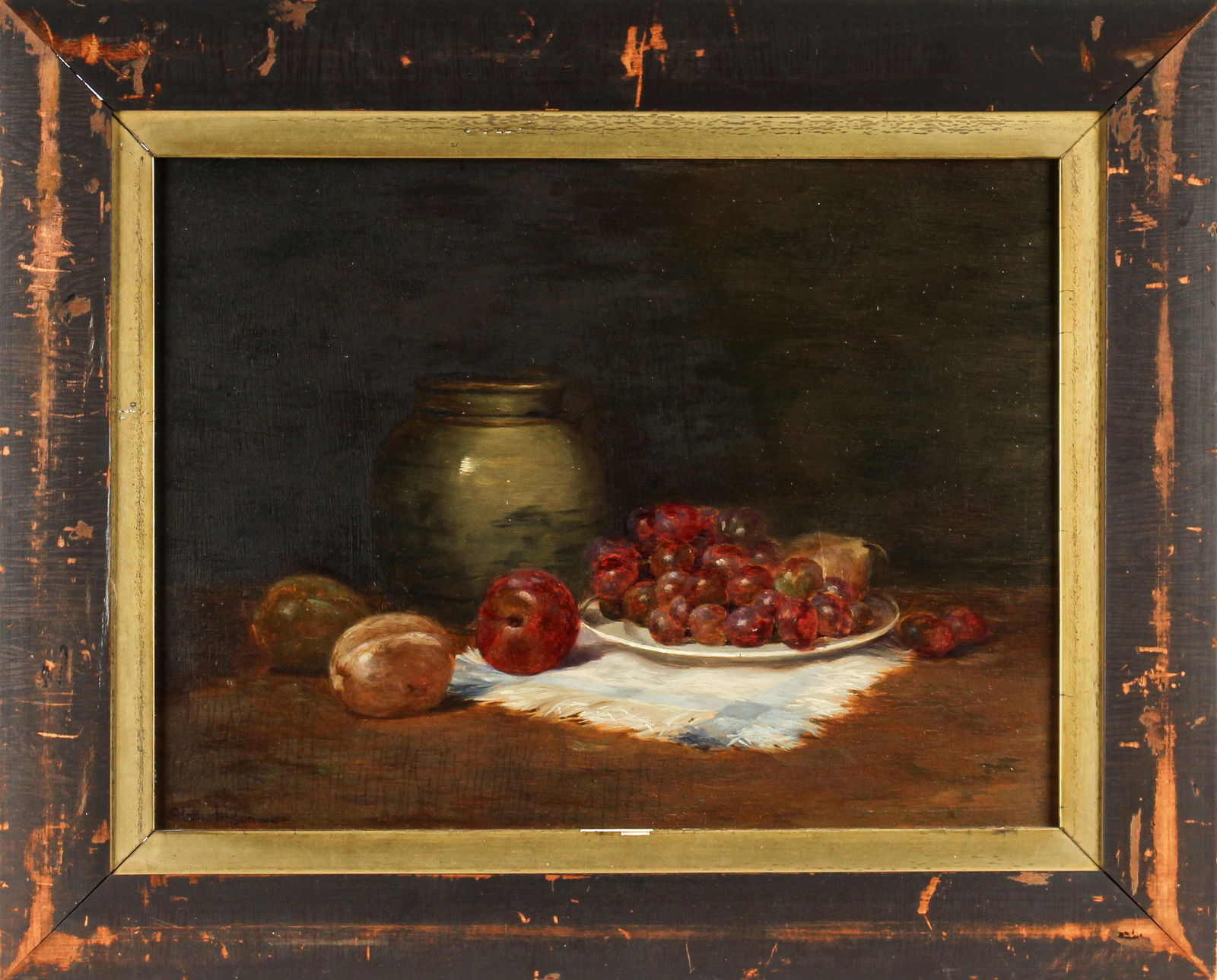 Charles Albert Burlingame (American, 1860-1930) Still Life of Fruit, Oil on Board Painting: Description: An oil on board still life of fruit by Charles Albert Burlingame. The still life with grapes, a green pottery vessel, and apples on a blue and white plaid fabric. Markings & Inscriptions: