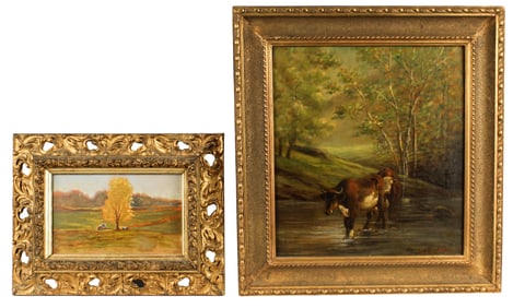 American School, Two Landscape Paintings with Cows