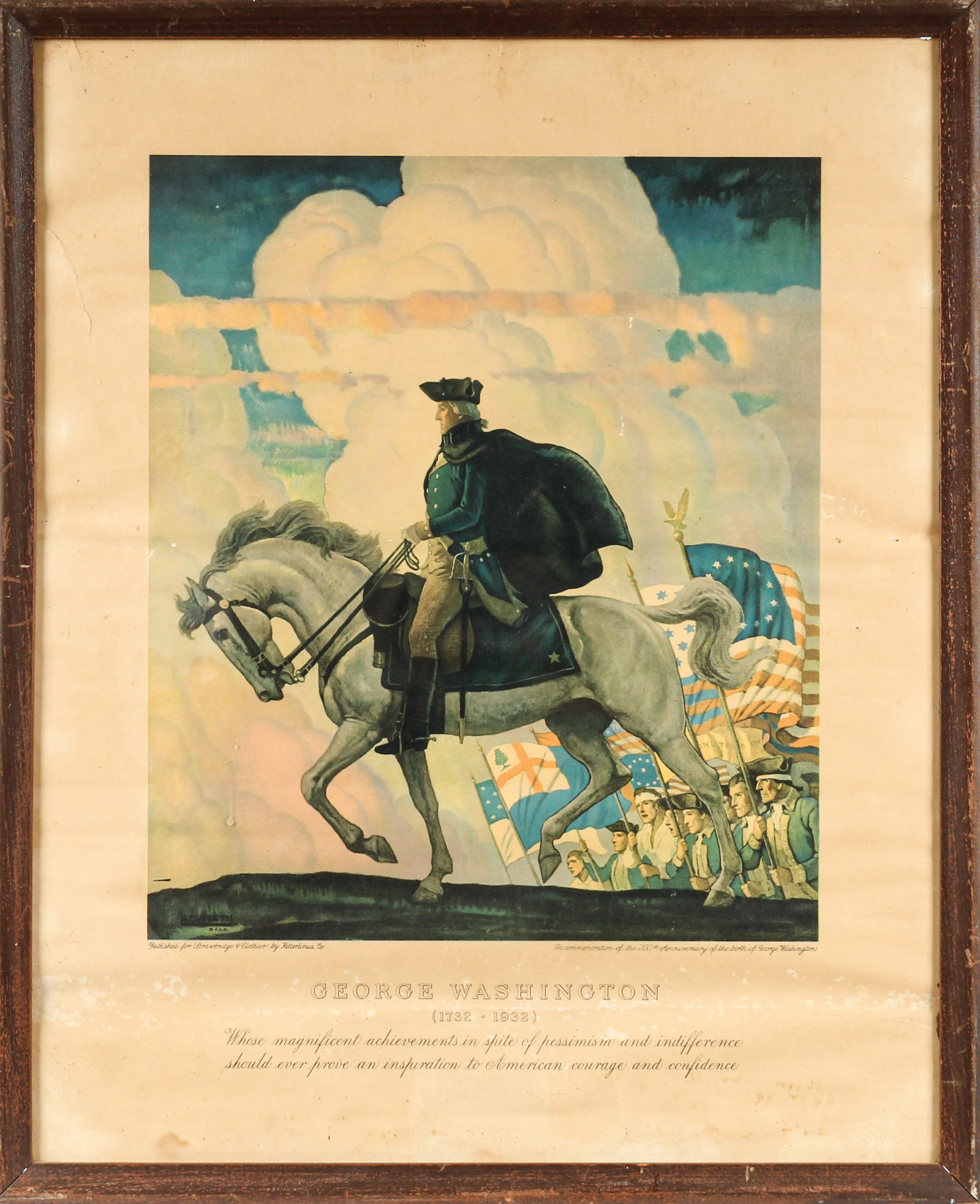 George Washington Commemoration Print After N.C. Wyeth: Description: A framed print depicting George Washington on horseback flanked by militias in commemoration of Washington's 200th birthday. This print was designed by Newell Convers Wyeth and published