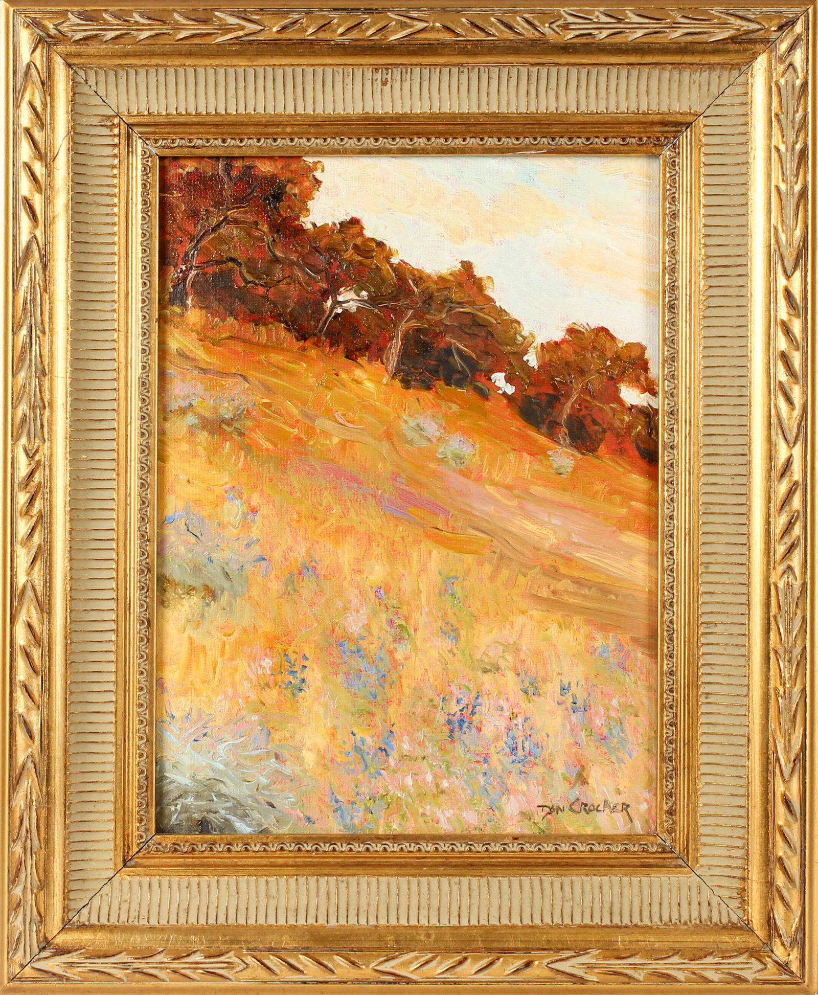 Don Crocker (American, 20th Century) Oaks and Larkspur, Oil on Canvasboard: Description: An oil on canvasboard painting depicting fall foliage on a hillside. Markings & Inscriptions: Signed lower right, titled verso Date: 20th century Maker: Don Crocker (American, 20th Centur