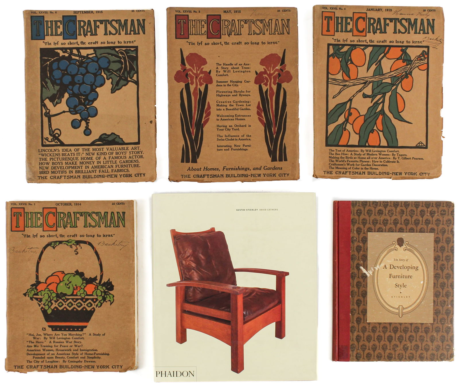 Stickley and Arts & Crafts Movement Books: Description: Six books related to Gustav Stickley and the Arts & Crafts movement. Includes four editions of The Craftsman publication founded by Gustav Stickley, The Story of a Developing Furniture St