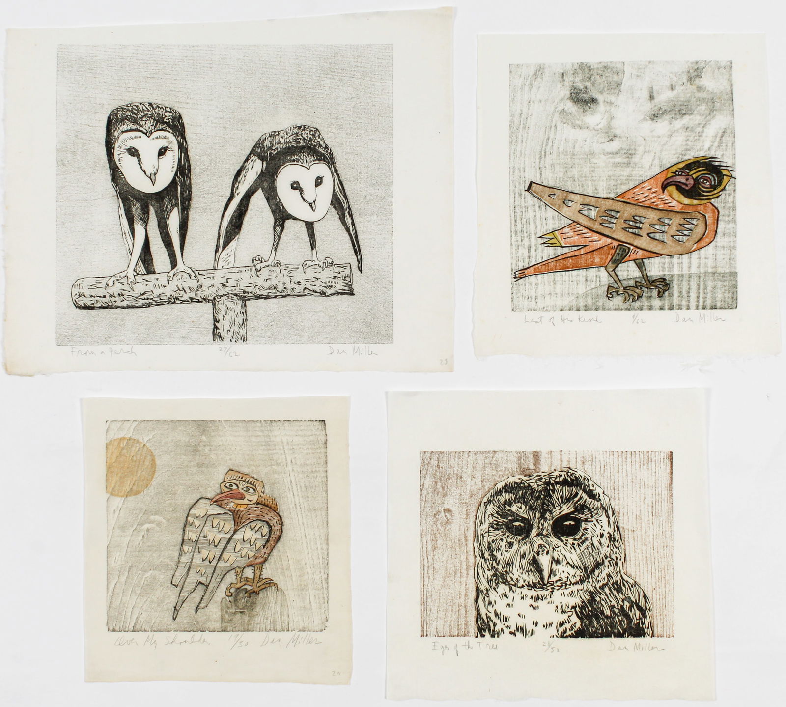 Four Dan Miller (American, B. 1928) Bird Themed Woodcut Prints on Rice Paper (1 of 5)