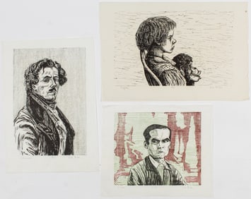 Three Dan Miller (American, B. 1928) Woodcut Portrait Prints on Rice Paper