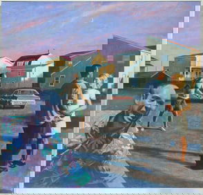 John Thornton (American, B. 1952) Parking Lot Incident, Oil on Canvas Painting