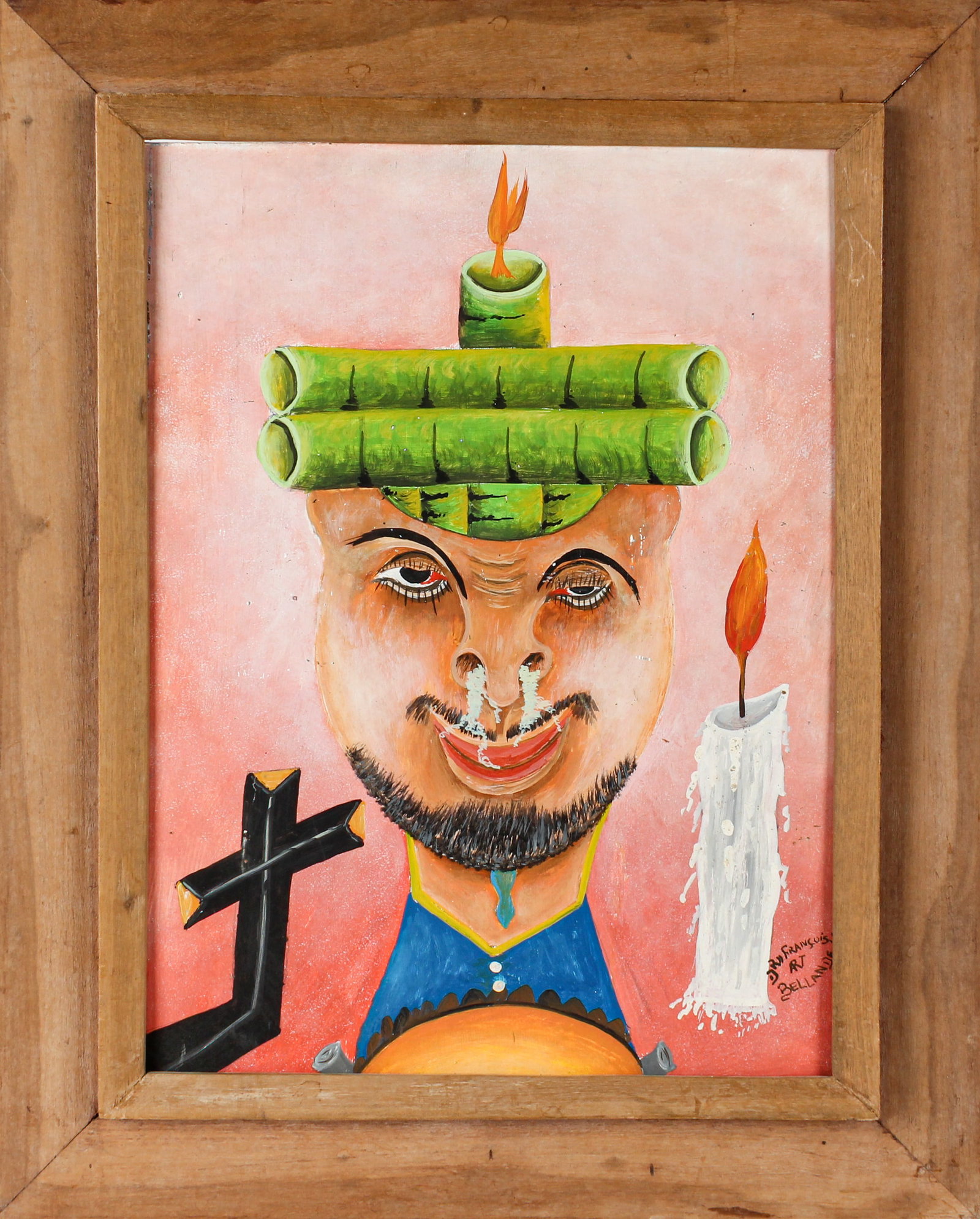 Dr. Francois Bellande (Haitian, b. 1966) Portrait with Candles and Cross: Description: Portrait by Dr. Francois Bellande (Haitian, b. 1966) depicting a man with nasal excretions in front of a pink background surrounded by a candle and a cross. Markings & Inscriptions: Signe