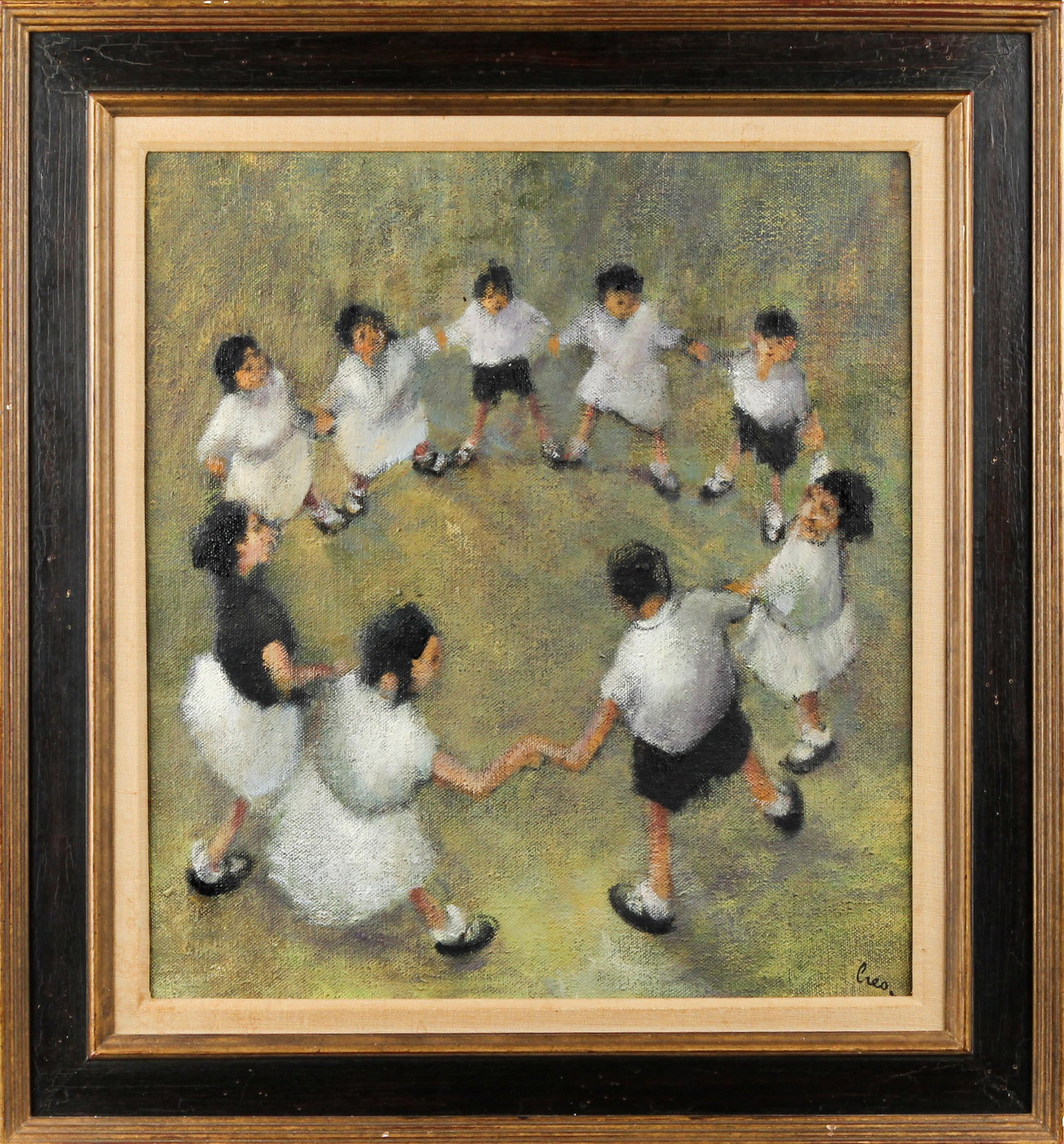 Leonardo Creo (American, 1923-2019) Nine Children in a Circle, Oil on Canvas: Description: An oil on canvas by Leondaro Creo depicting nine children holding hands in a circle. Markings & Inscriptions: Signed lower right Date: 20th century Maker: Leonardo Creo (American, 1923-20