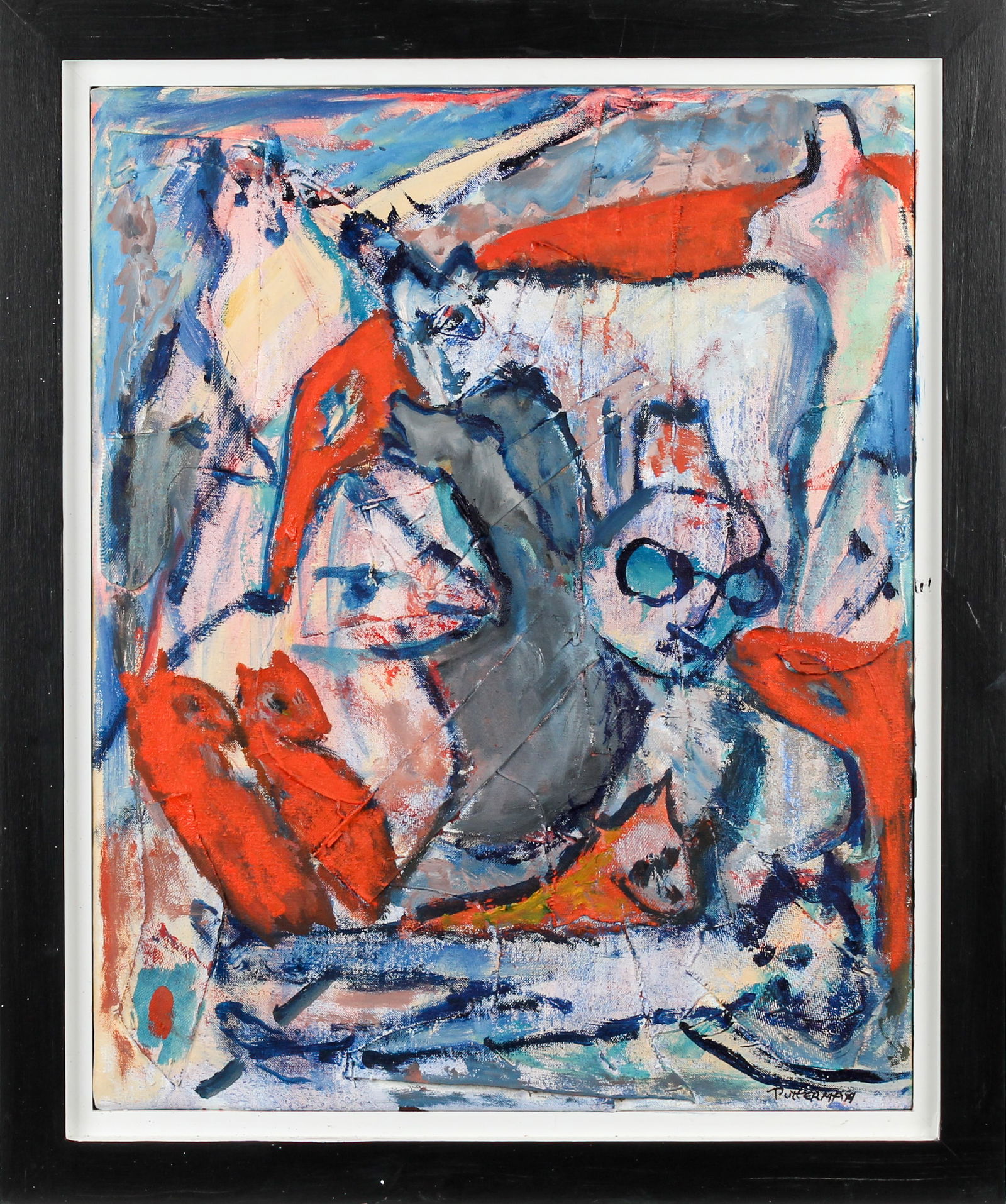 Florence Putterman (American, 1927-2021) Crisscross Smiles II, Acrylic and Canvas on Wooden Board: Description: A framed acrylic and canvas on board painting depiciting abstract figures and animals. Florence Putterman's work is characterized by a symbolism wholly her own, inspired by her studies of