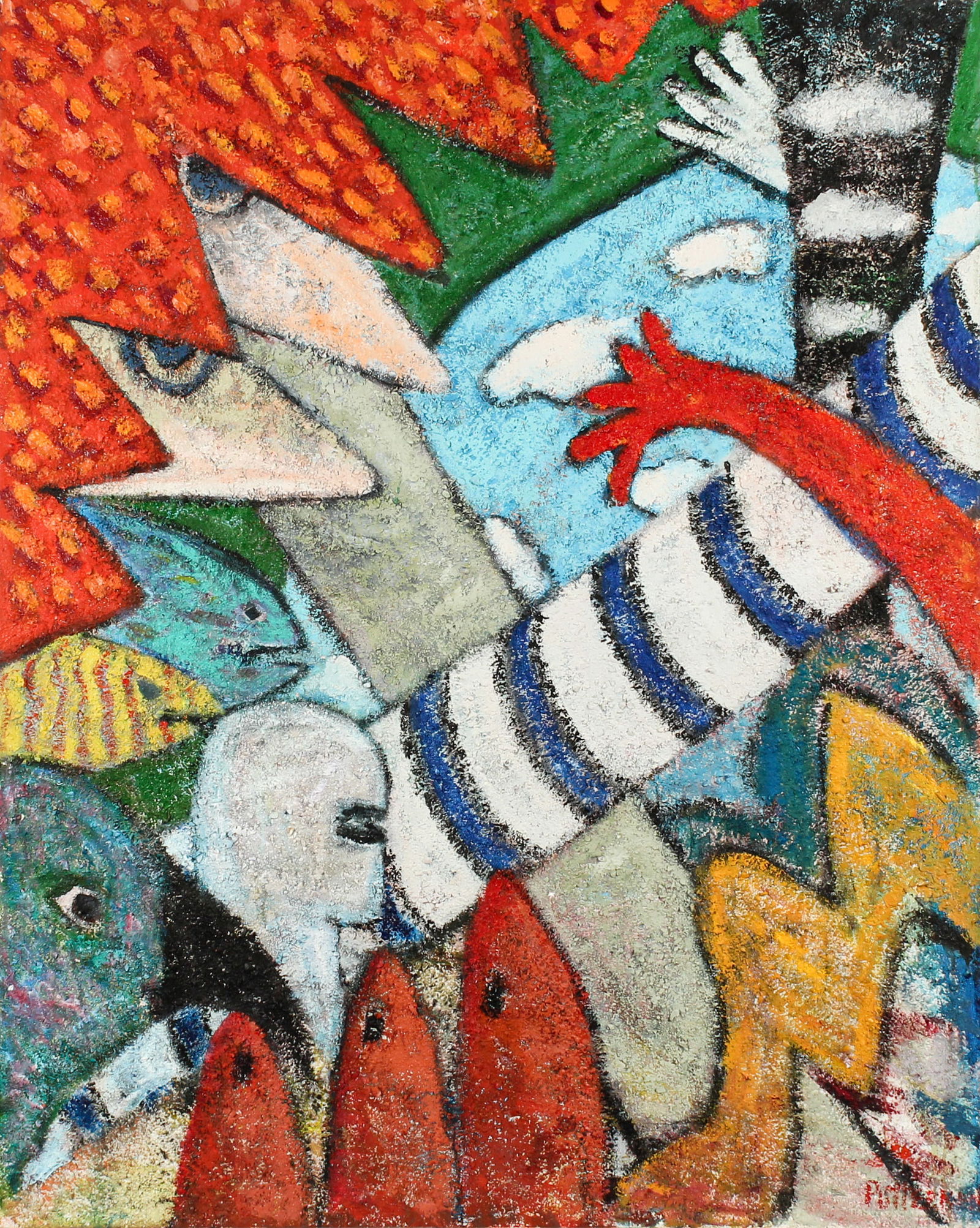 Florence Putterman (American, 1927-2021) Bird, Hand, and Man Series, Sand and Acrylic on Canvas (1 of 9)