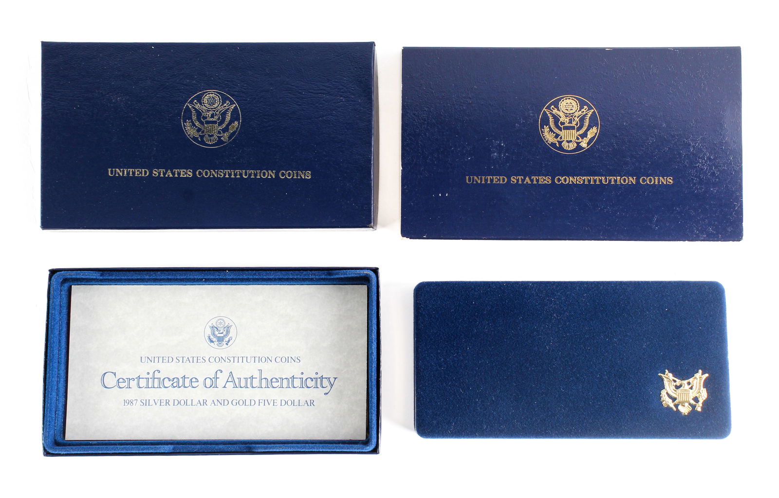 1987 United States Constitution Bicentennial Coin Set: Description: A 1987 United States Constitution Bicentennial coin set, issued by the United States Mint to commemorate the 200th anniversary of the signing of the Constitution. The set includes a silve