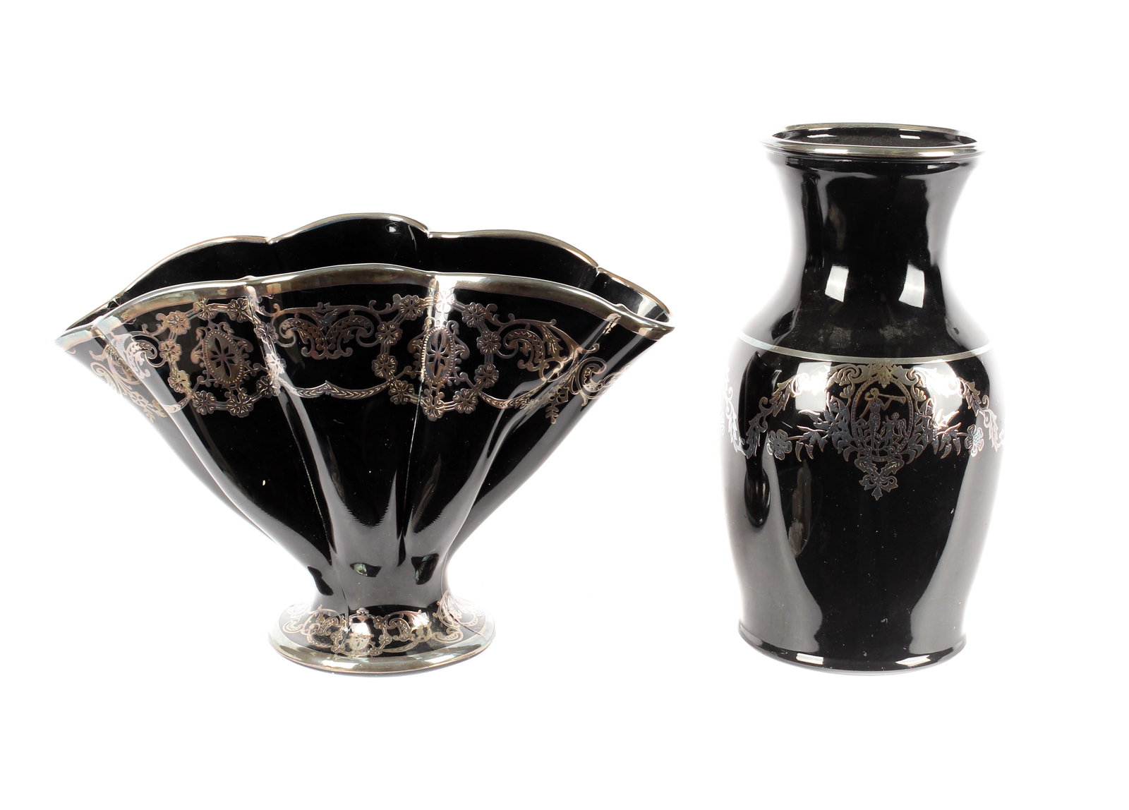 Two Art Deco Black Amethyst Silver Overlay Glass Vases, Paden City (1 of 9)