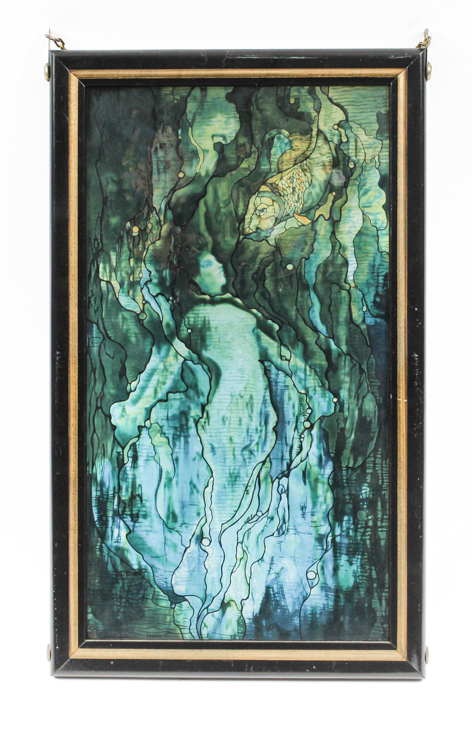 After Louis Comfort Tiffany Stained Glass Panel "Mermaid with Goldfish", Field Museum of Natural: Description: A reproduction of Louis Comfort Tiffany's stained glass panel "Mermaid with Goldfish" in a gilt and ebonized frame. Originally sold by the Field Museum of National History. Markings & Ins