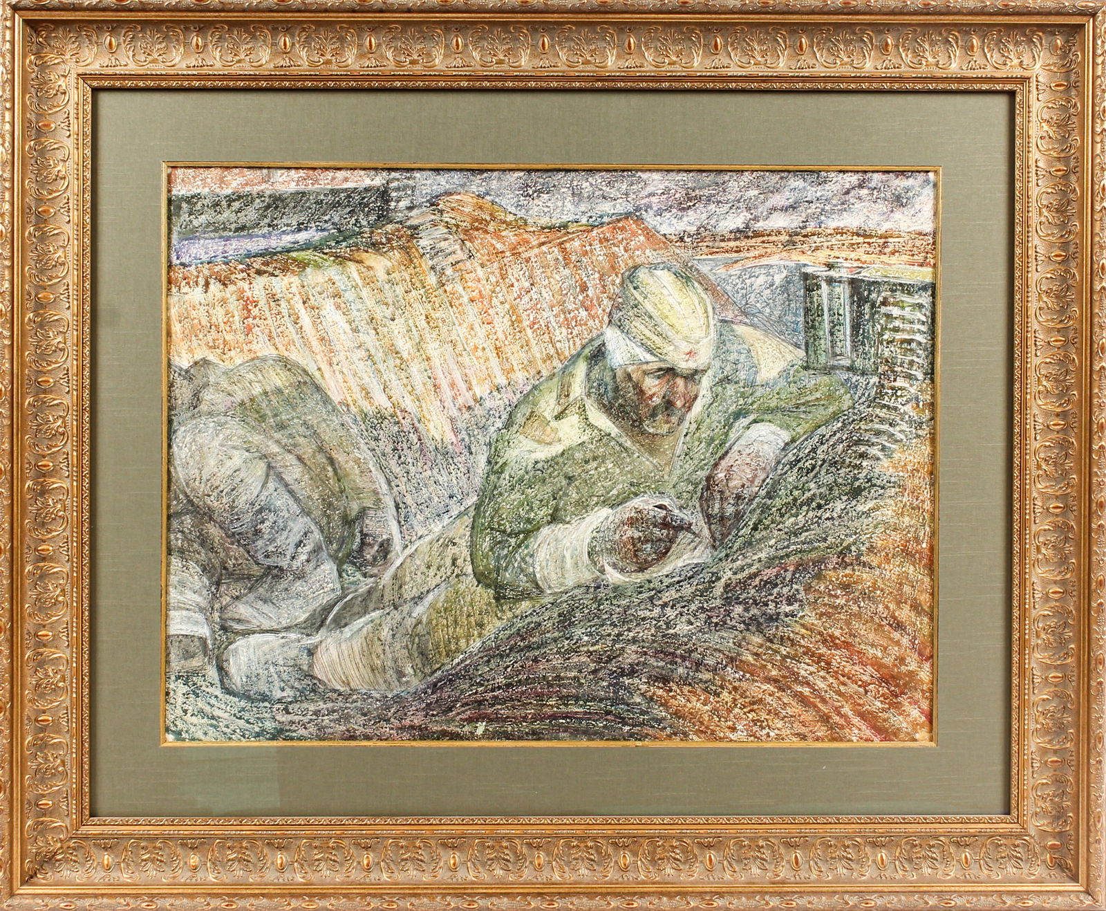 Oleg Lyatomsky (Ukranian, B. 1939) The Last Letter, Mixed Media on Fiberboard: Description: A framed, matted, and glazed mixed media on fiberboard painting by Oleg Lyatomsky titled "The Last Letter". Depciting a soldier on the battlefield writing a letter. Markings & Inscription