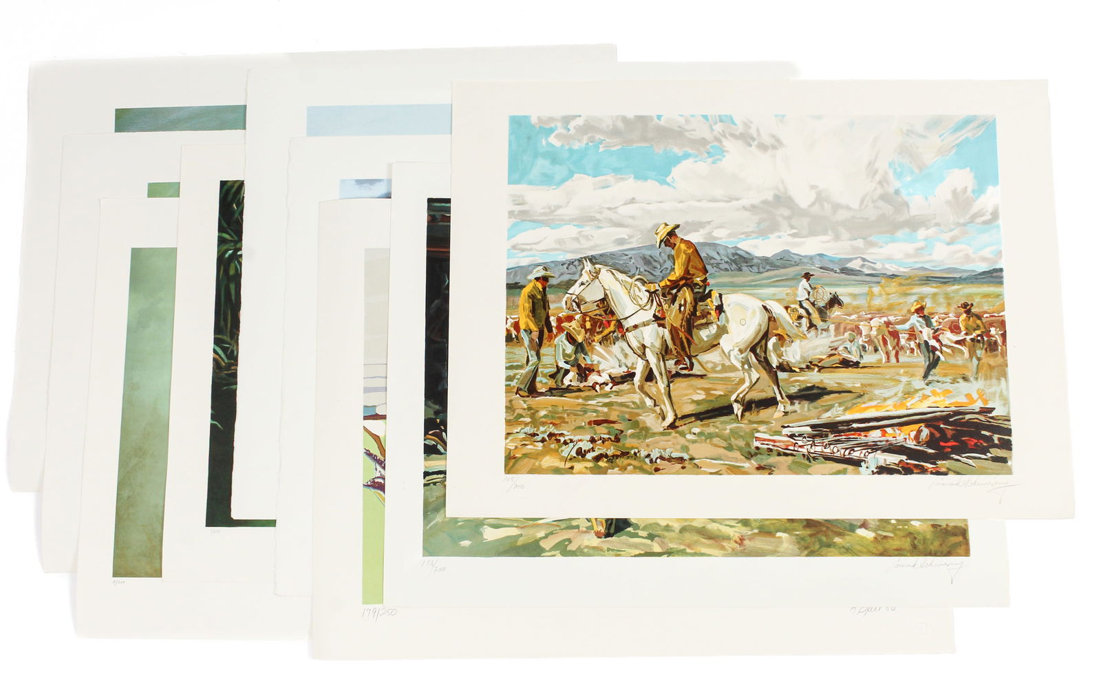 Nine Colored Lithographs, Equestrian and Animal Focus: Description: A group of nine various colored lithographs on wove paper with an equestrian and exotic animal focus. Includes two Frank Wootton lithographs, one titled 'At the Start,' numbered 2/250 and