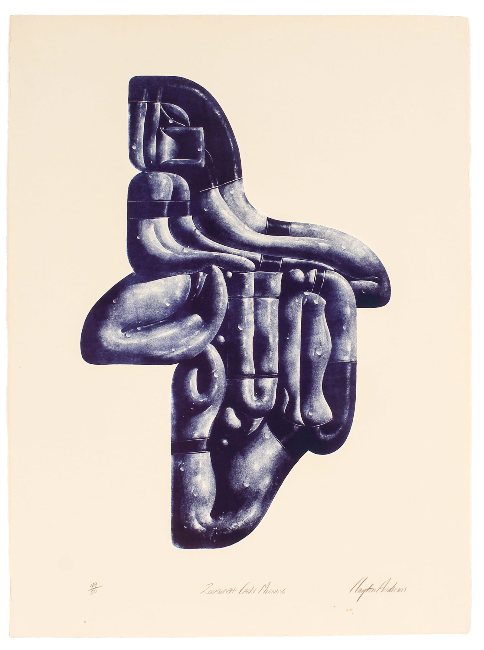 Clayton Anderson (American, B. 1943) Zoomorph - Early Morning, Lithograph: Description:A signed and numbered lithograph on wove paper depicting a contorted industrial form with surface moisture in blue.Markings & Inscriptions: Numbered 49/50, titled, and signed Date: Mid to