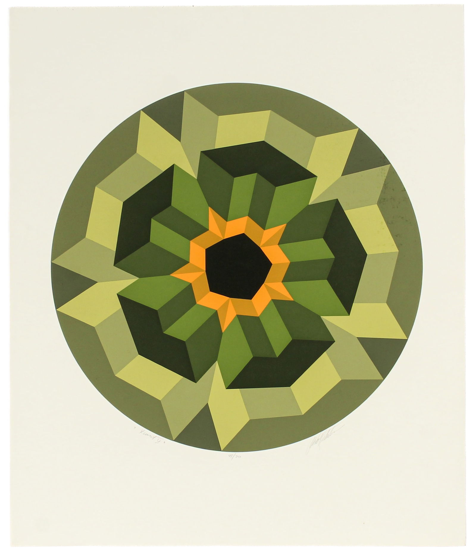 Marco Spalatin (American, B. 1945) Xcaret V, Serigraph: Description: A signed, titled, and numbered serigraph on wove paper by Marco Spalatin depicting a geometric and abstract eye in green and orange.Markings & Inscriptions: Signed, titled, and numbered 4