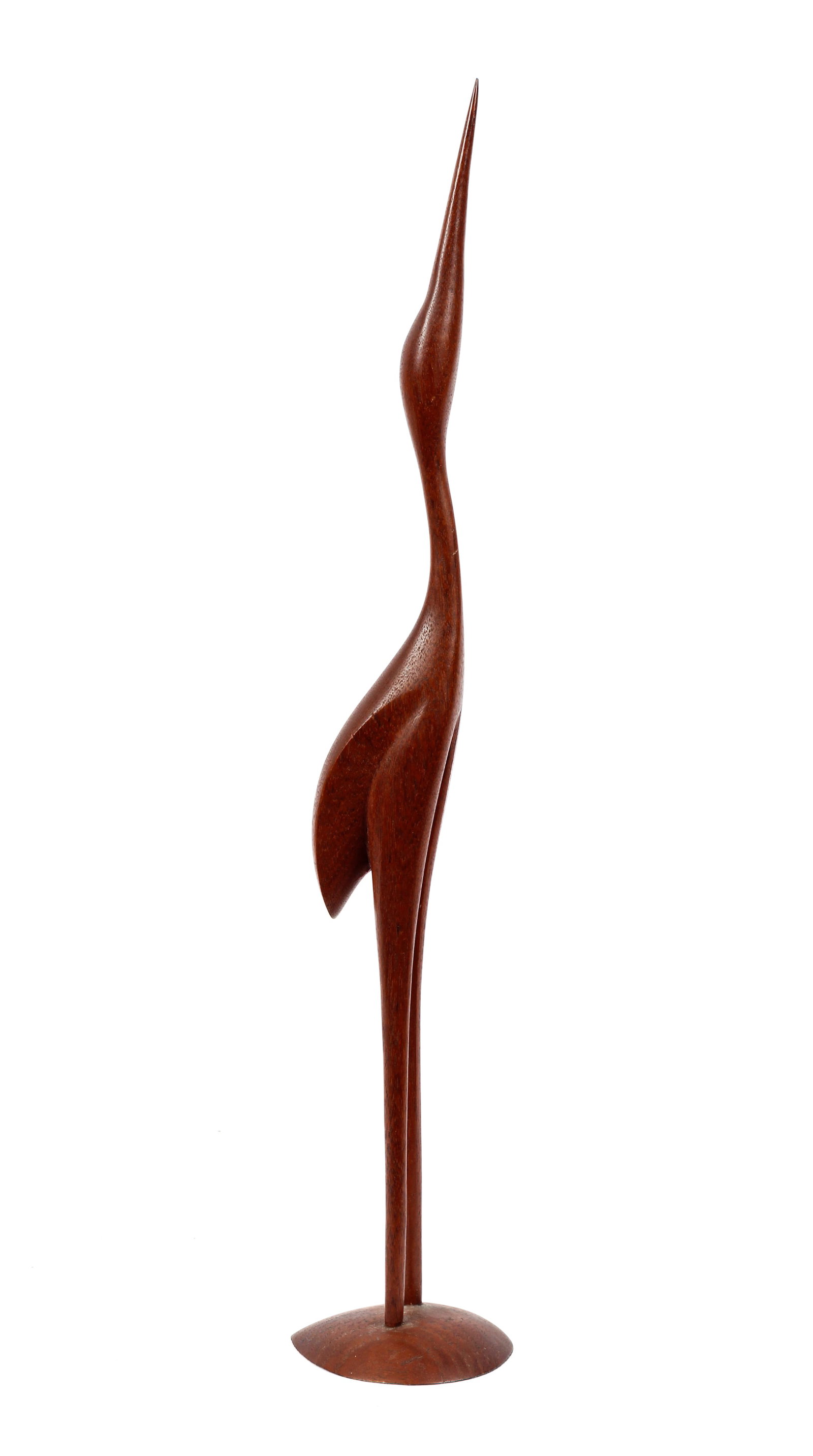 Chris Traevare Danish Teak Mid Century Modern Crane Sculpture: Description: A Danish mid century teakwood sculpture of a crane with its beak facing upwards, attributed to Chris Traevare. The crane is depicted in a fluid and geometric form on a teardrop base. Mark