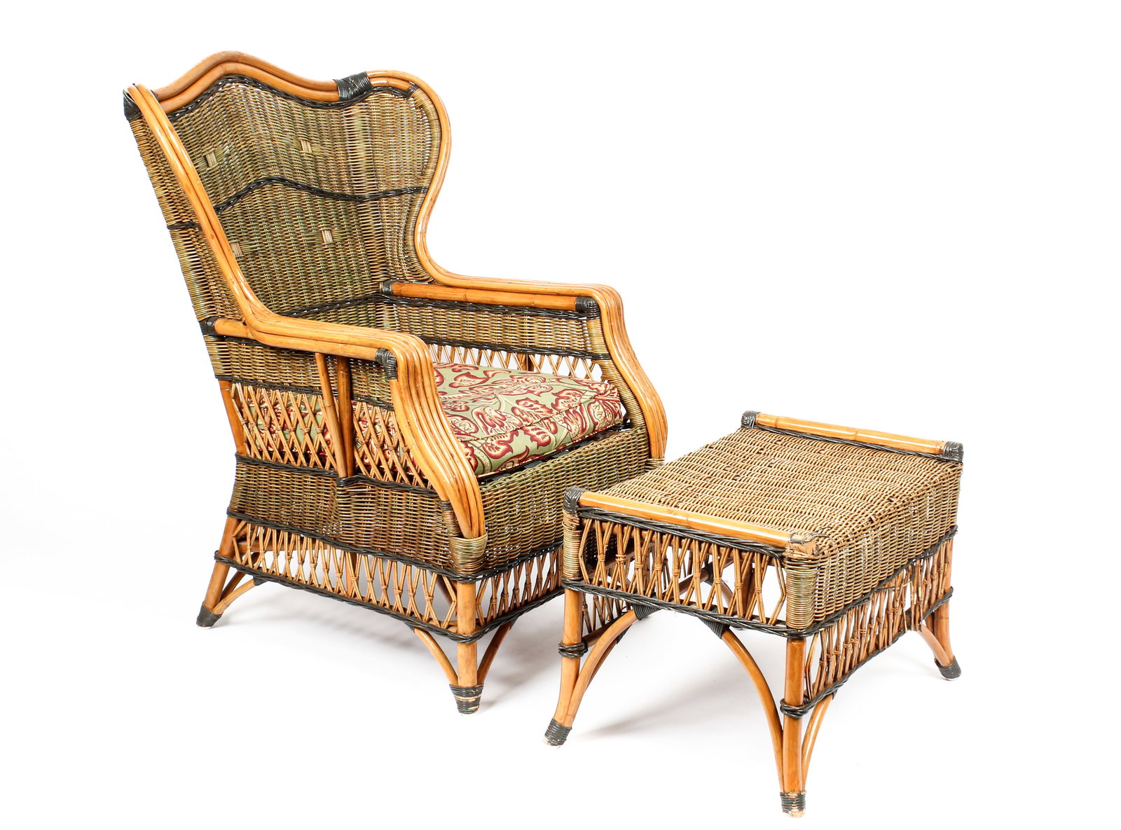 Grange Art Deco Style Rattan and Bamboo Wingback Chair with Matching Ottoman (1 of 5)