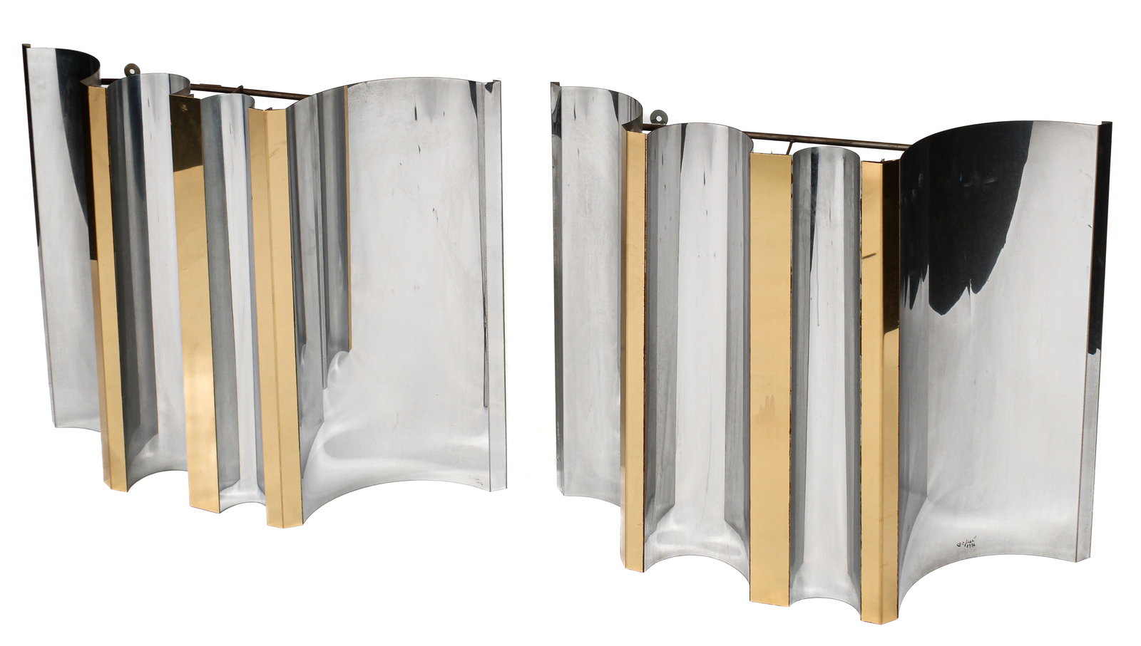 Curtis Jere Modernist Mixed Metal Wall Sculptures: Description: Two C. (Curits) Jere modernist midcentury mixed metal chrome and brass sculptural elements.Markings & Inscriptions: Marked Date: Mid 20th century Maker: C. Jere Dimensions: 24" x 29" x 7.