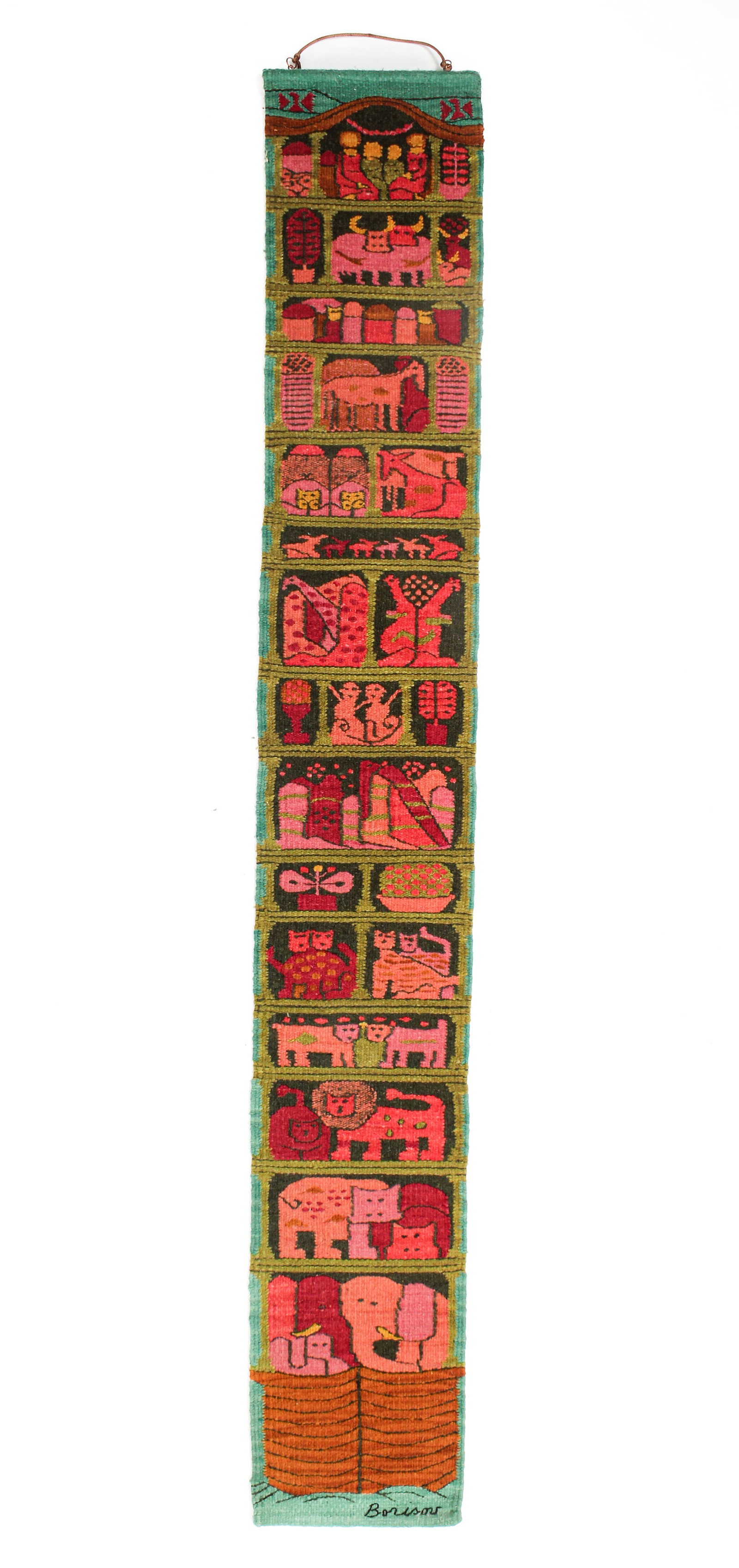 Saul Borisov (Russian-American, 1912-1991) Noah's Ark, Wool Tapestry: Description: A colorful mid century wool tapestery depicting Noah's Ark with a wide variety of animals visible.Markings & Inscriptions: SignedDate: Mid 20th centuryMaker: Saul Borisov (Russian-America