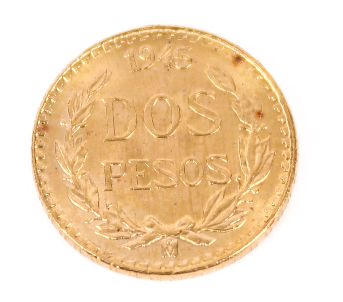 1945 Mexican Two Peso Gold Coin: Description: A 1945 Mexican .900 gold Dos Pesos coin. Markings & Inscriptions: Marked Date: 1945 Maker: Mexican Dimensions: 1.7 grams. Provenance: From a Newtown Square, Pennsylvania collection.
