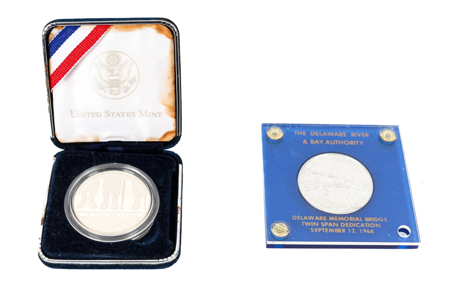 Two Silver Coins Incl. 2010 Disabled Veterans Silver Dollar, 1968 Delaware Memorial Bridge Sterling (1 of 9)