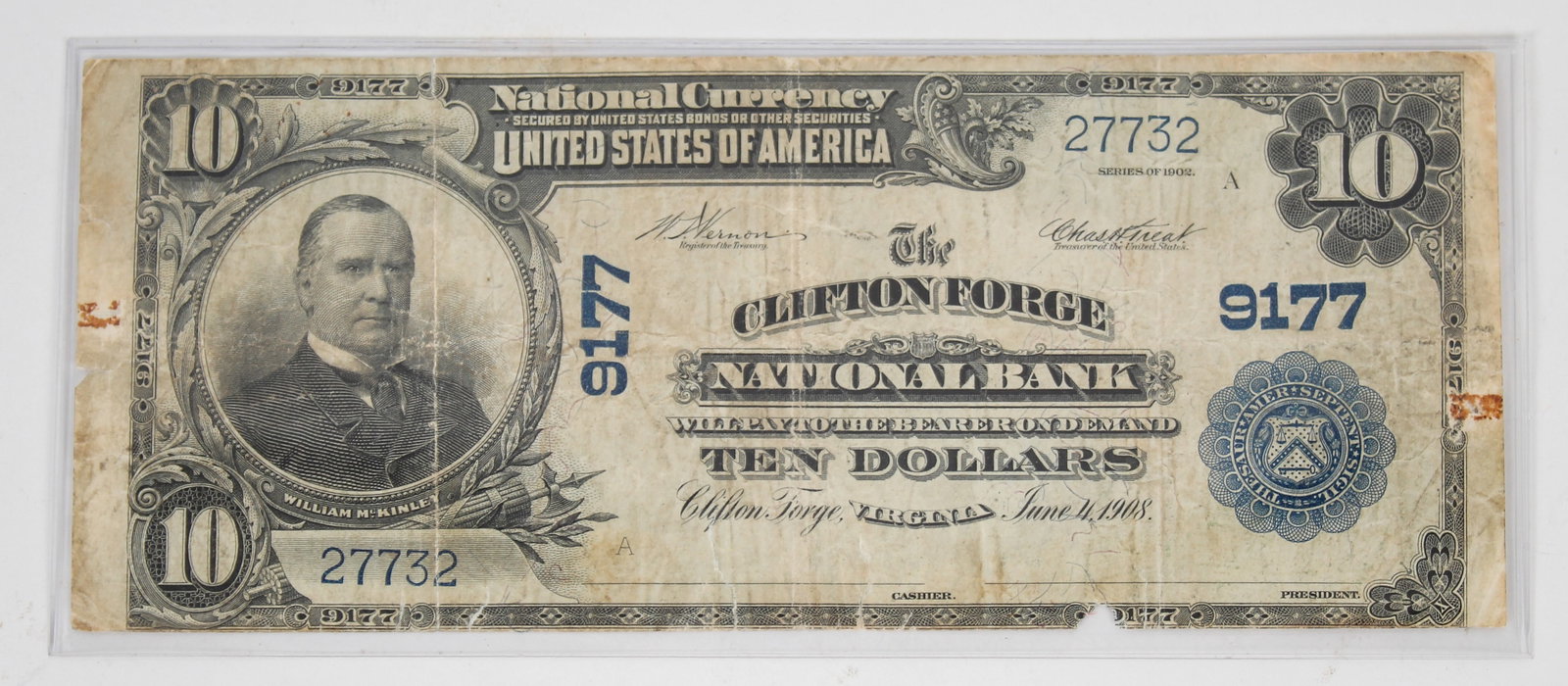 1902 National Currency Ten Dollar Note, Clifton Forge Virginia National Bank: Description: A series 1902 National Currency ten dollar note for the Clifton Forge National Bank (Virginia). Markings & Inscriptions: Marked Date: 1908 Dimensions: 3.125" x 7.625". Provenance: From a 