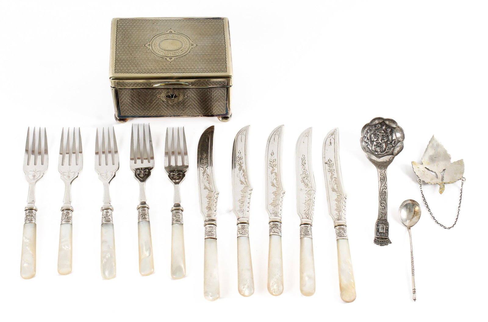 Ten Piece Silverplate and Mother of Pearl Fish Set, Sterling Spoons, Etc.: Description: A ten piece electroplated nickel silver fish set with mother of pearl handles. Five forks and five knives with chased designs to both the forks and the knives. Marked 'A1 EPNS' to the bla