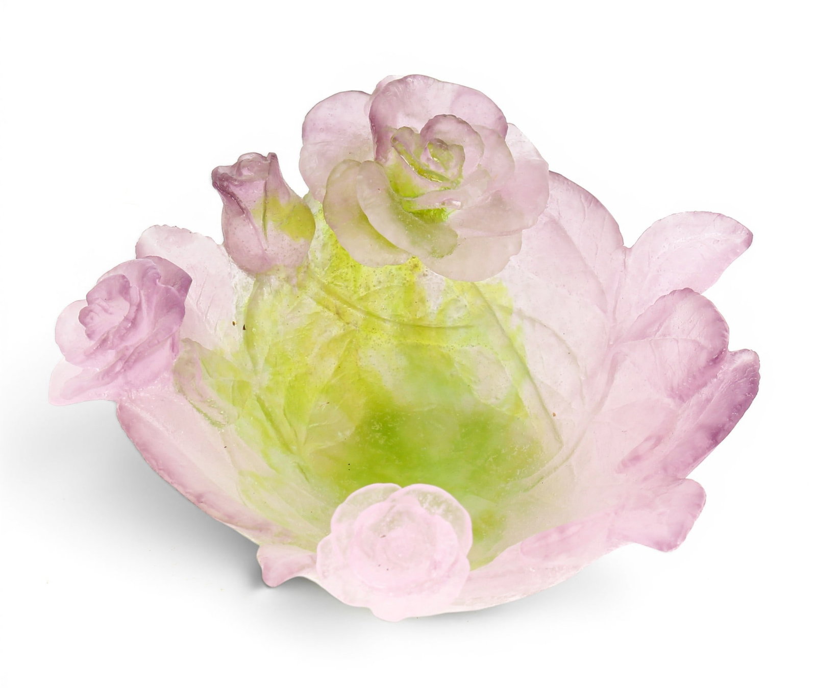 Daum Pate De Verre Glass Rose Bowl: Description: A pate de verre glass bowl in purple and green, decorated with molded roses along the rim and leaves in low relief. Markings & Inscriptions: Marked Date: Late 20th century Maker: Daum Dim