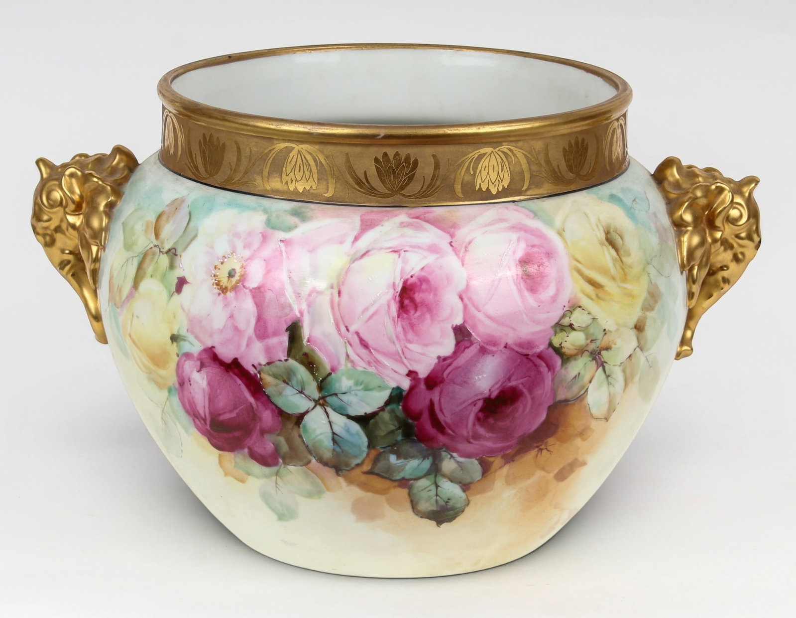 Large Jean Pouyat Limoges Porcelain Jardiniere, Hand Painted Flowers & GIlt Elephant Handles (1 of 10)