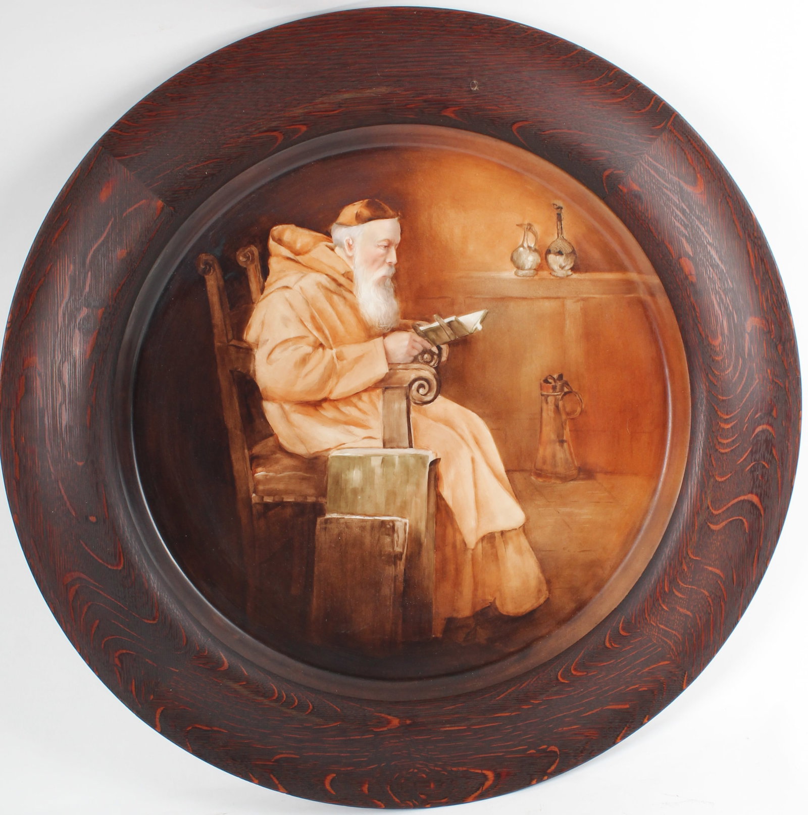 T&V Limoges Hand Painted Porcelain Plaque of Monk, Oak Frame: Description: A large hand painted French porcelain plaque mounted in an oak frame depicting a seated monk reading a religious text. Markings & Inscriptions: Marked Date: Late 19th century Maker: T&V L