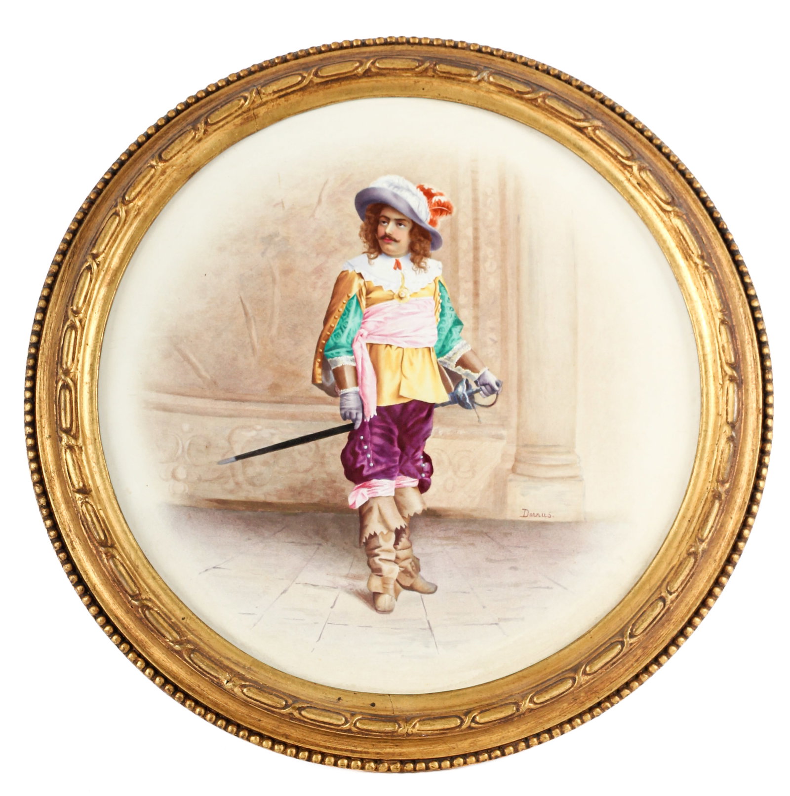 French Montereau attr. Hand Painted Porcelain Wall Charger, Cavalier: Description: An antique French porcelain charger featuring a depiction of a cavalier, housed in a carved giltwood frame. Markings & Inscriptions: Unmarked Date: Late 19th/early 20th century Maker: Att