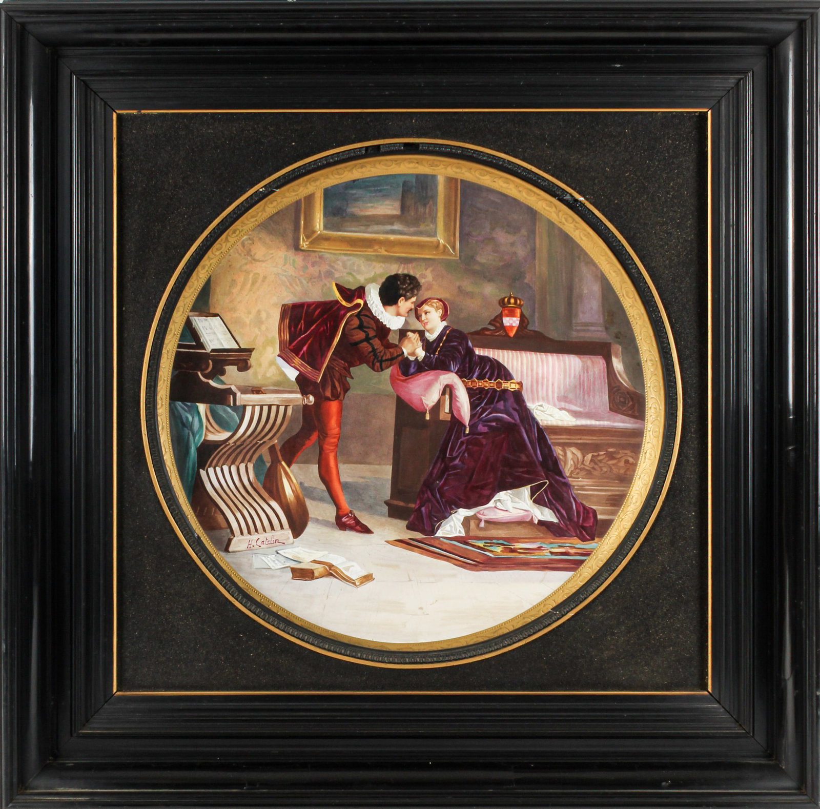 Large Creil et Montereau Hand Painted French Porcelain Wall Charger: Description: A large hand painted porcelain charger featuring a depiction of a courting couple in Renaissance attire, signed H. Catelin. Markings & Inscriptions: Marked verso, signed recto Date: Late 