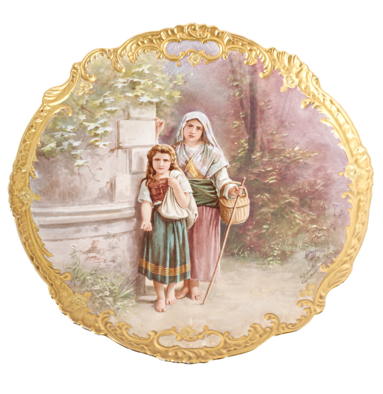 Sevres Style Porcelain Wall Charger, After Bouguereau: Description: An antique hand painted French porcelain wall charger with gilt rim featuring a depiction of two children, after a painting by William-Adolphe Bouguereau. Markings & Inscriptions: Marked 