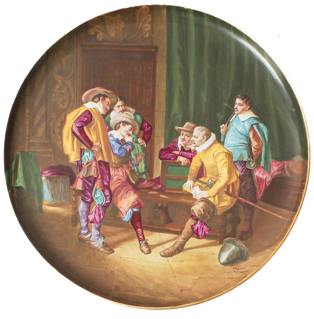 Creil et Montereau French Hand Painted Porcelain Wall Charger, Cavaliers, After Meissonier: Description: A large hand painted porcelain wall charger depicting a group of cavaliers in an interior, after a painting by Jean-Louis-Ernest Meissonier. Signed "J. Pascault." Markings & Inscriptions: