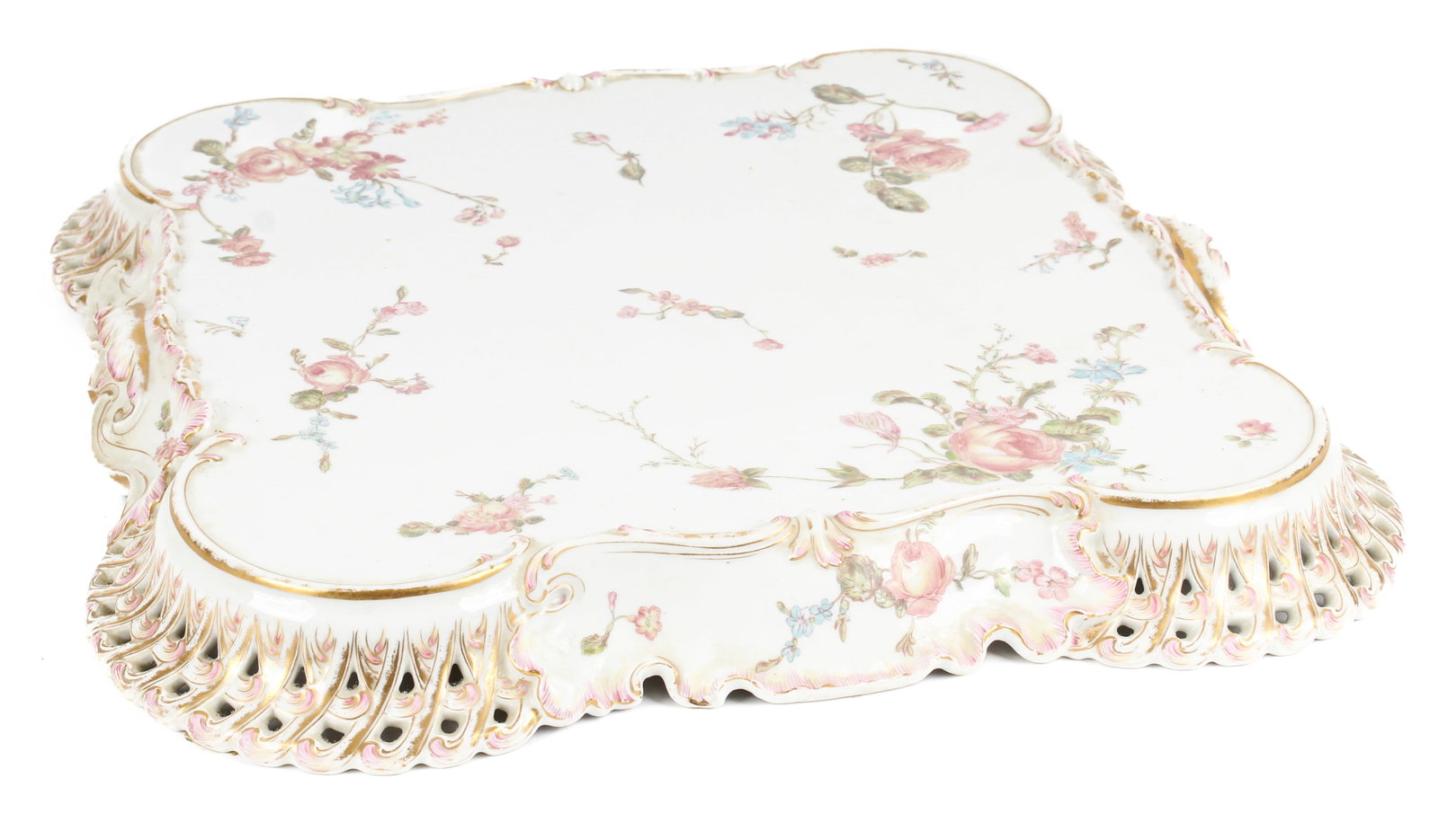 Haviland Limoges Porcelain Reticulated Plateau: Description: A Limoges porcelain plateau decorated with trasnfer printed roses, having pierced edges and gilt highlights. Markings & Inscriptions: Marked Date: Late 19th/early 20th century Maker: Havi