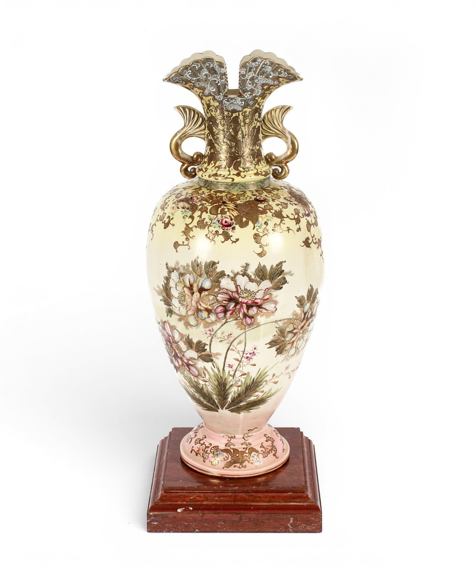 Large Japanese Satsuma Pottery Floor Vase on Red Marble Base: Description: A large floor vase with floral decoration, on a red marble base. Markings & Inscriptions: Unmarked Date: Late 19th/early 20th century Maker: Japanese Dimensions: Vase: 37" x 14" Dia". Bas