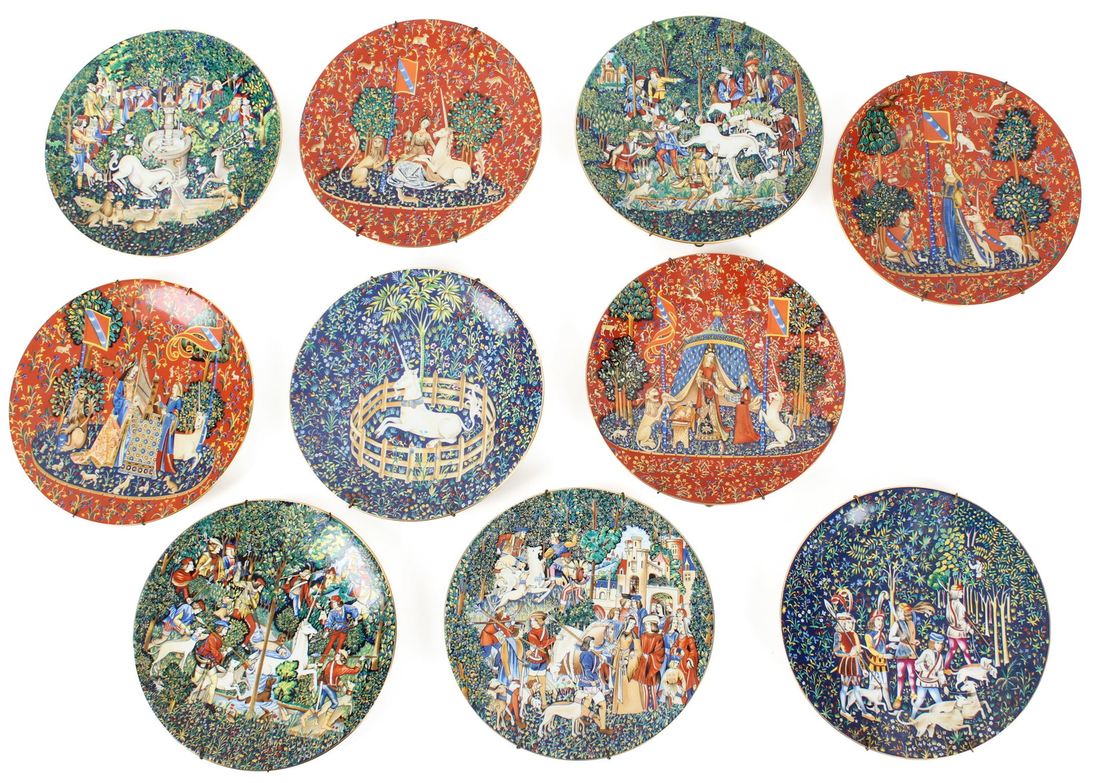 Haviland Limoges La Chasse a la Licorne Limited Edition Porcelain Plates: Description: A group of ten limited edition porcelain wall plates depicting scenes from the "Hunt of the Unicorn" tapestries ca. 1500. Markings & Inscriptions: Marked Date: 1974 Maker: Haviland Dimens