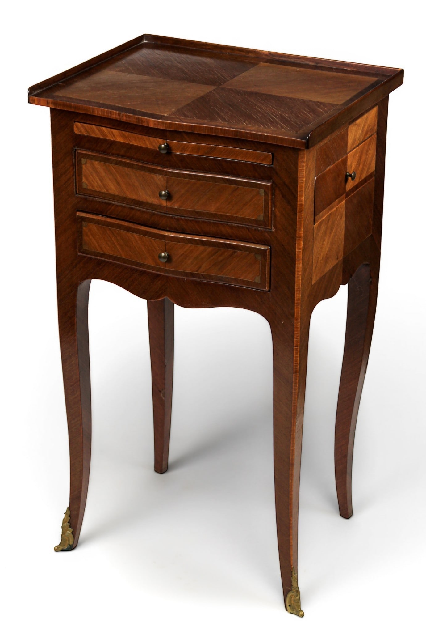 French Louis XVI Style Nightstand: Description: A Louis XVI style wooden nightstand with faux frontal top drawer that opens from the side. Markings & Inscriptions: Unmarked Date: Mid to late 20th century Maker: French Dimensions: 31" H