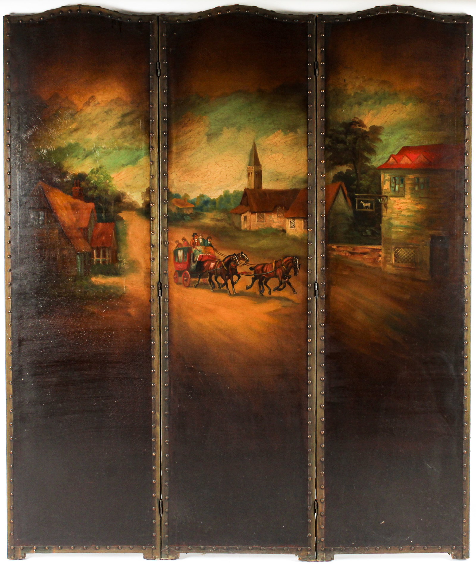 English Three Panel Painted Leather Room Divider Screen, Carriage Scene: Description: A large hand painted leather room divider/folding screen featuring depictions of a horse drawn carriage in a rural setting with cottages and a church. Markings & Inscriptions: Unmarked Da