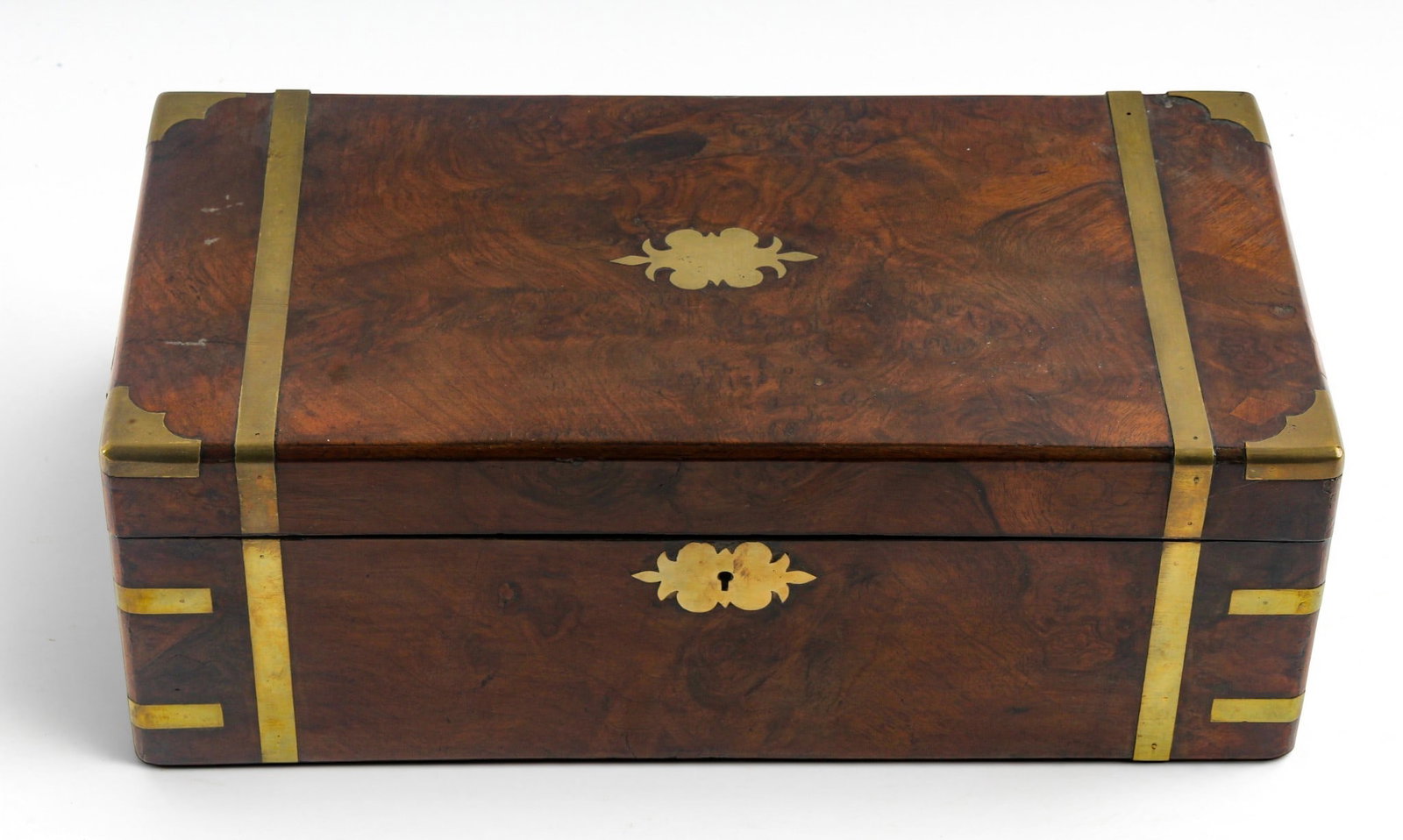 English Victorian Burl Walnut Lap Desk: Description: A brass bound burl walnut lap desk with leather writing top. Markings & Inscriptions: Unmarked Date: Late 19th century Maker: English Dimensions: 7" x 19.5" x 10". Provenance: From a Yard
