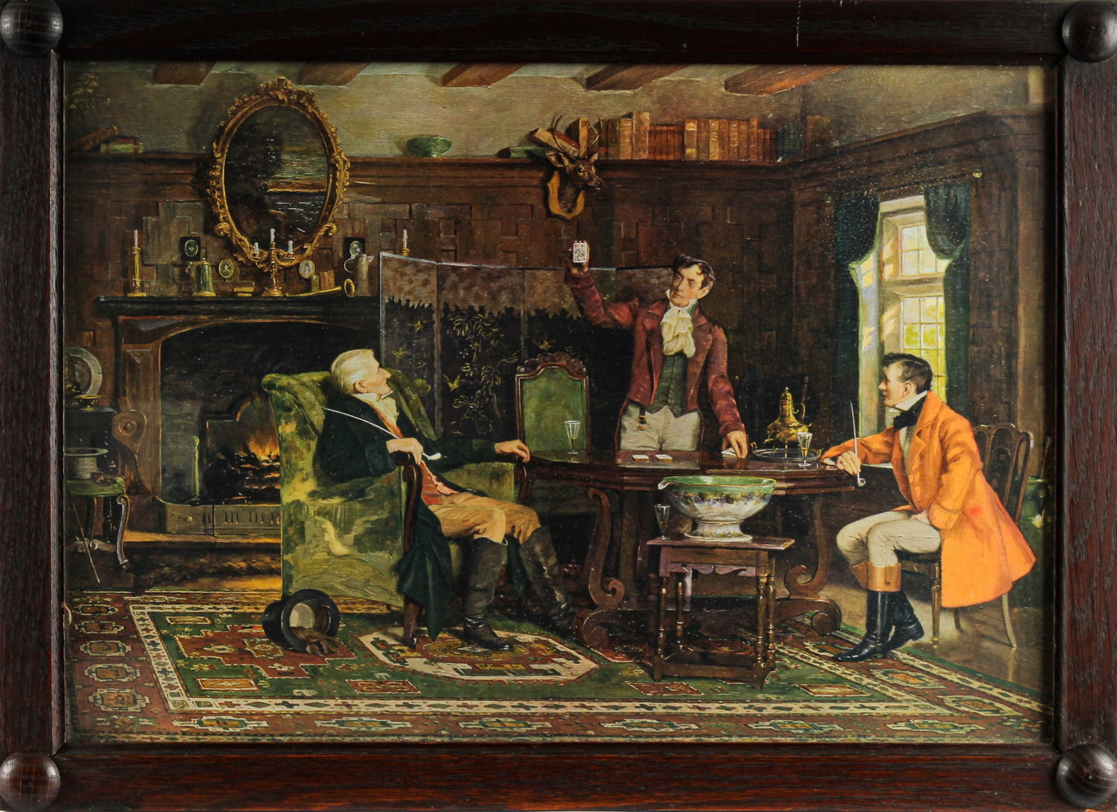 English Hunt Scene Prints in Carved Oak Frames, Early 20th Century: Description: Four early 20th century English hunt-themed prints in carved oak frames, after paintings by John Alfred Mohlte and WIlliam Birney. Markings & Inscriptions: Unmarked Date: Early 20th centu