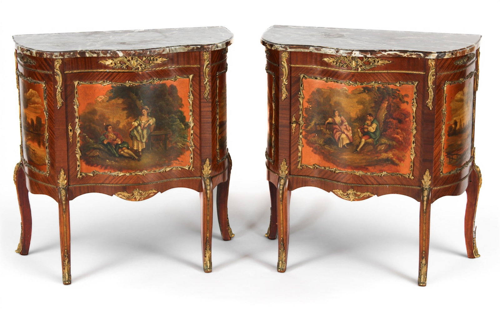 French Vernis Martin Style Marble Top Commodes: Description: Two French rouge marble top commodes with hand painted courting scene decoration and brass elements in the Vernis Martin style. Markings & Inscriptions: Each marked "Made in France" under