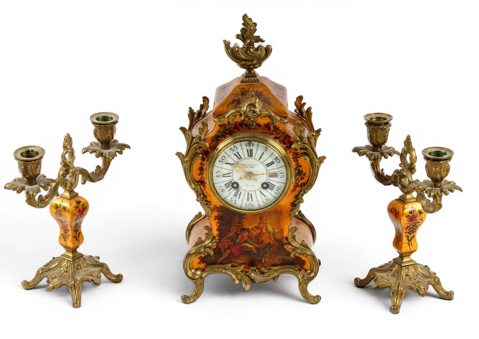 Tiffany & Co. French Vernis Martin Style Mantel Clock Garniture: Description: A mantel clock garniture in the Vernis Martin style by Tiffany.& Co., with hand painted lacquered elements mounted in bonze Markings & Inscriptions: Marked Date: Early 20th century Maker: