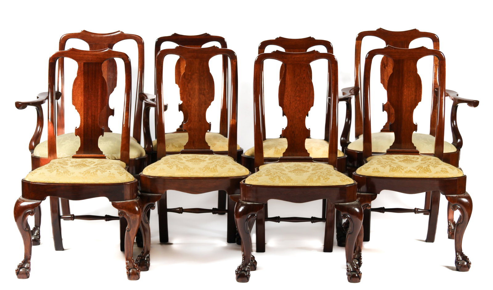Maitland and Glascoe Chippendale Style Mahogany Dining Chairs: Description: Set of eight Maitland and Glascoe chippendale style mahogany dining chairs including six side chairs and two armchairs. Each having a shaped crest over a vasiform splat, a slip-in compass