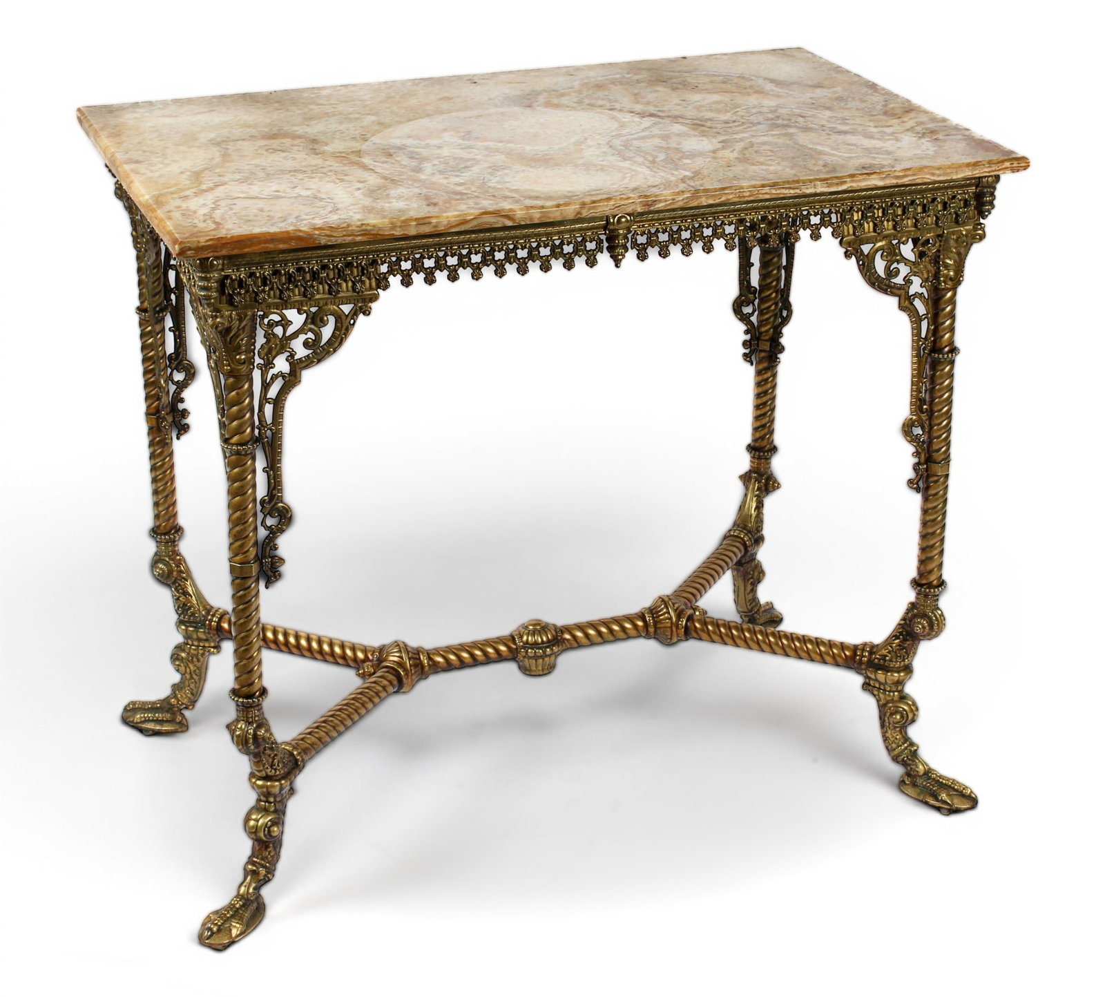 Victorian Brass and Onyx Console Table: Description: Victorian brass table with intricate openwork frieze and spandrels. The twist legs joined by a similarly styled 'X' stretcher, supported by taloned feet. The rectangular, removable onyx t