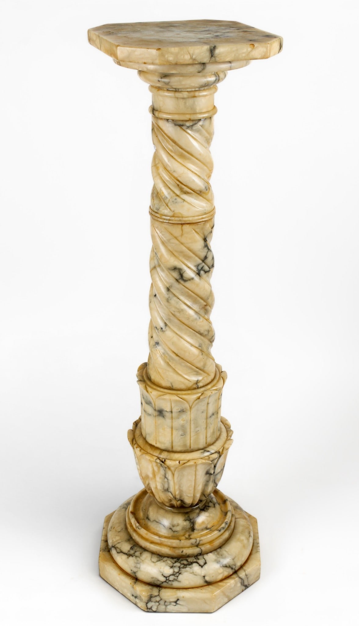Victorian Marble Column Pedestal: Description: An antique marble pedestal with swirled column support above a tiered base. Markings & Inscriptions: Unmarked Date: Late 19th/early 20th century Maker: Continental Dimensions: 43.25" x 14