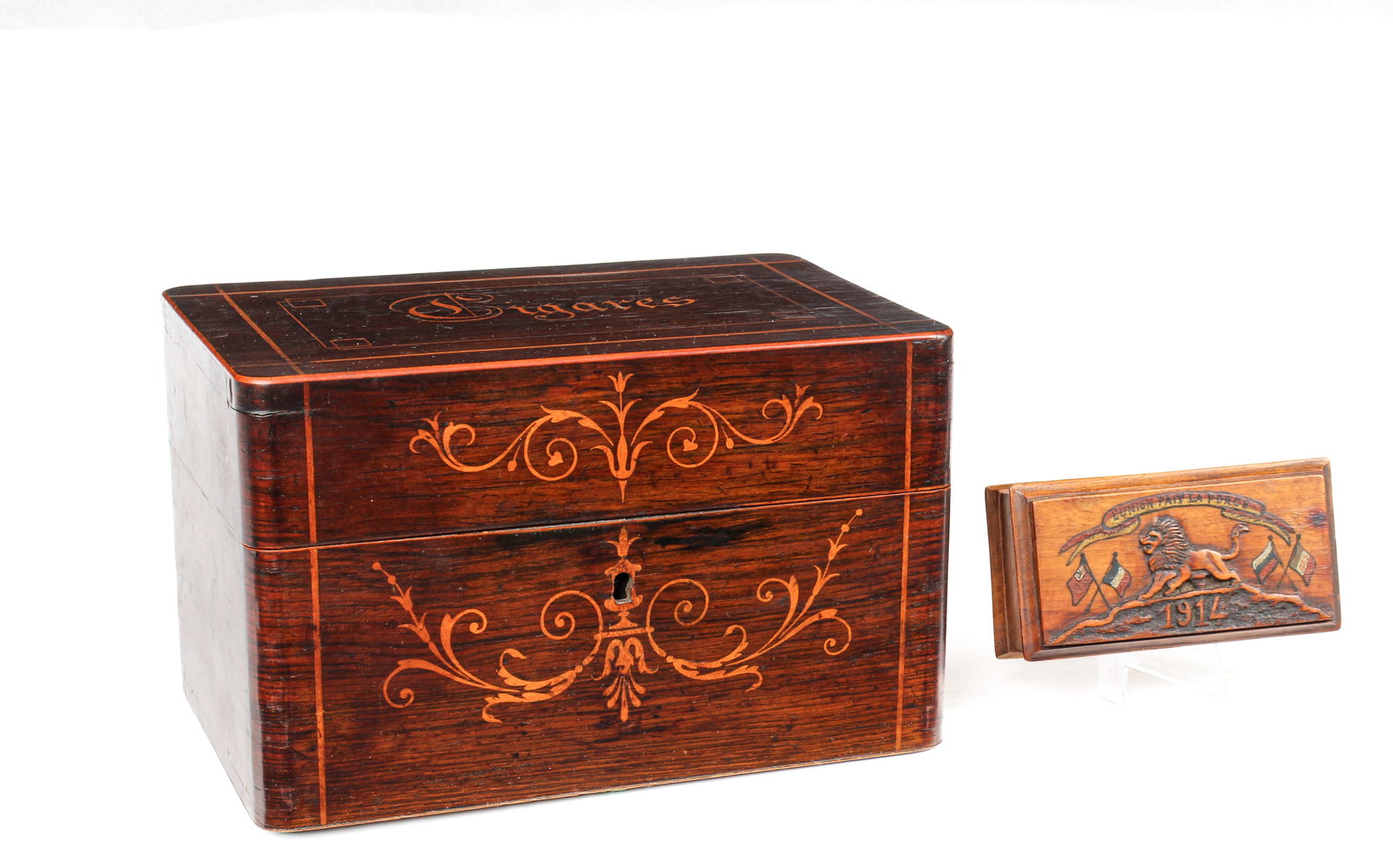 French 19th Century Inlaid Cigar Box & Carved WWI Allies Box (1 of 10)