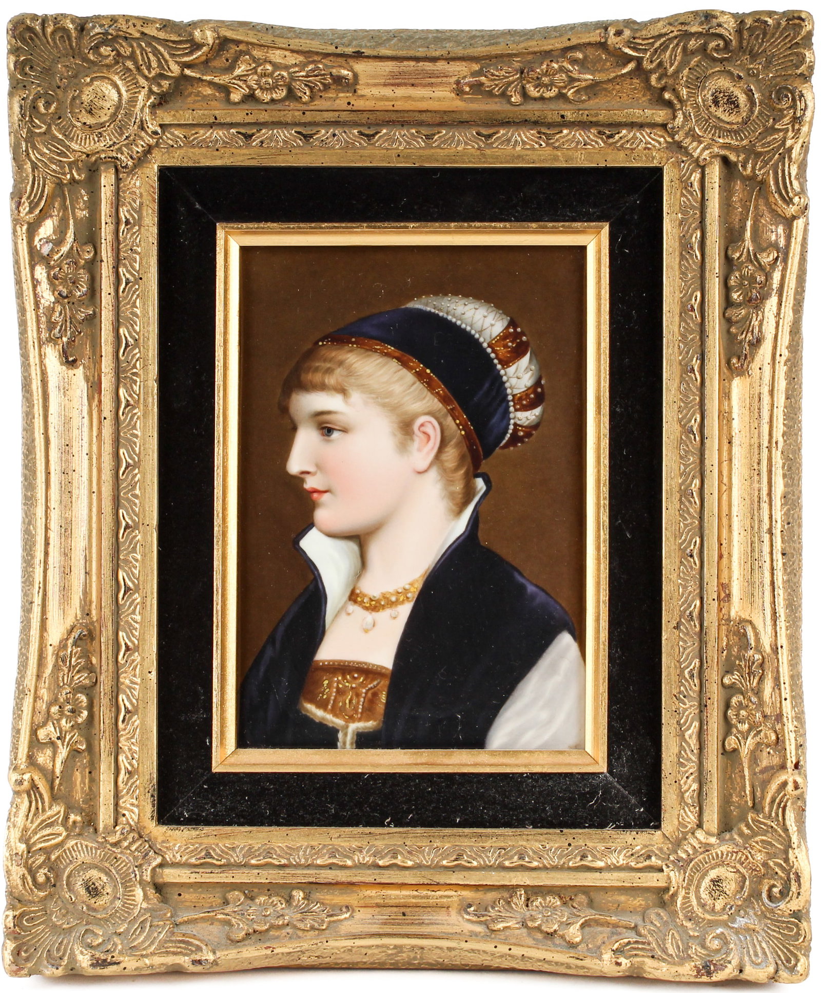 Berlin Porcelian Portrait Plaque After Wilhelm Menzler: Description: A hand painted Berlin porcelain plaque depicting a young woman in profile wearing Renaissance attire. Markings & Inscriptions: Impressed mark Date: Late 19th/early 20th century Maker: Ger